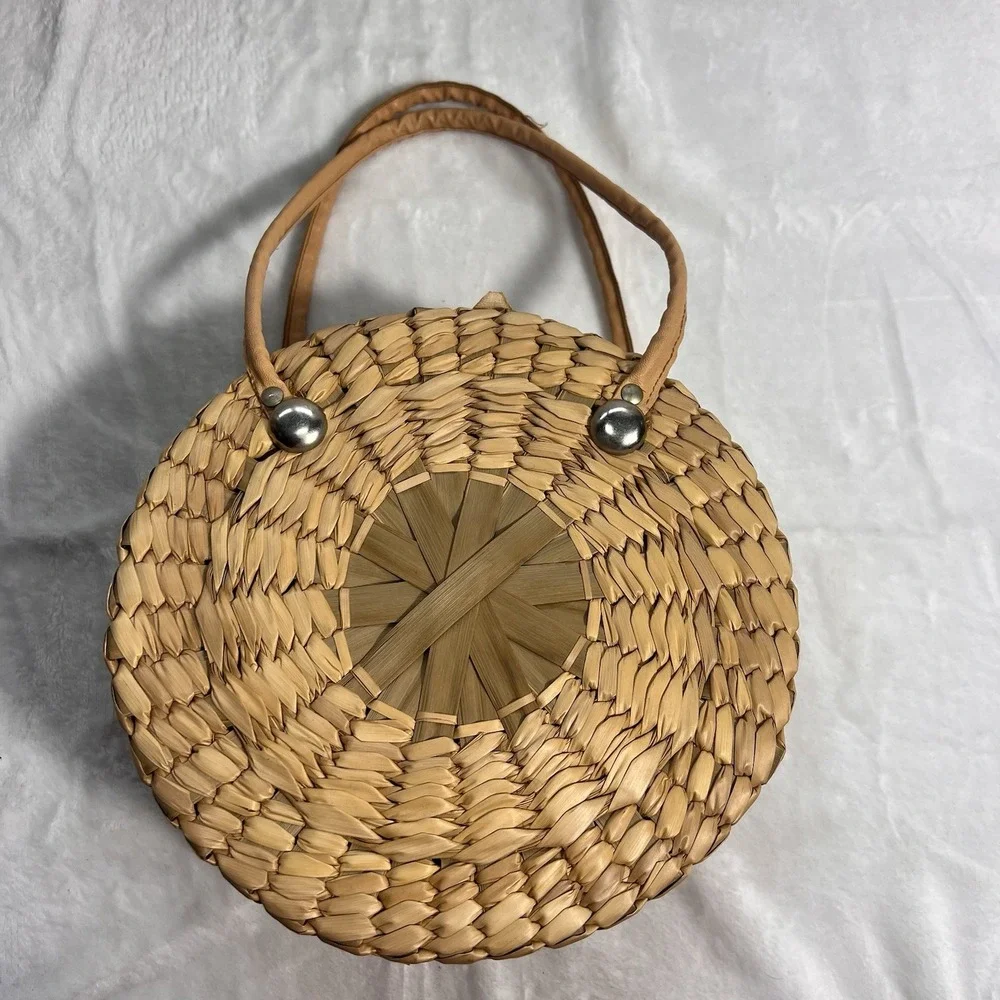 Vintage 1960s Round Straw Purse Floral Raffia Handbag Resort Cruise Bag